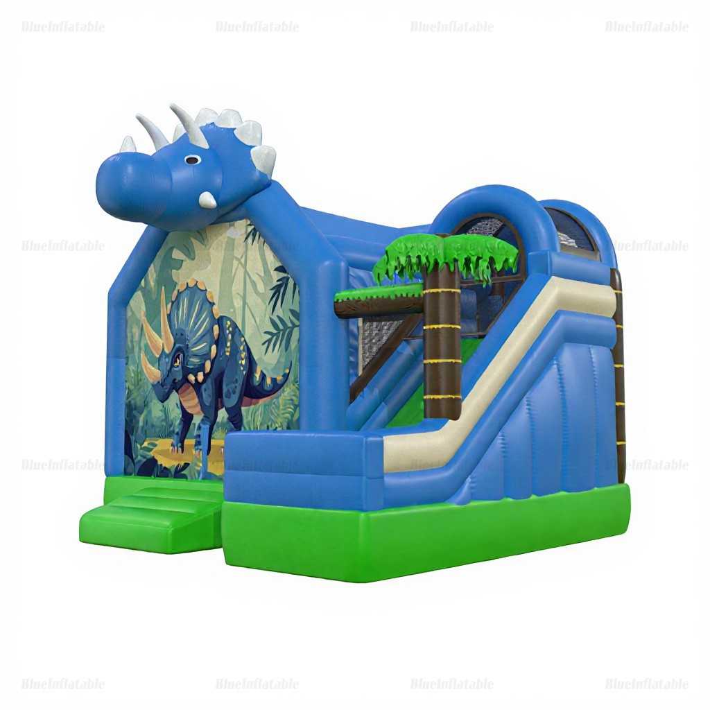 Blue Triceratops Inflatable Bounce House Slide Combo