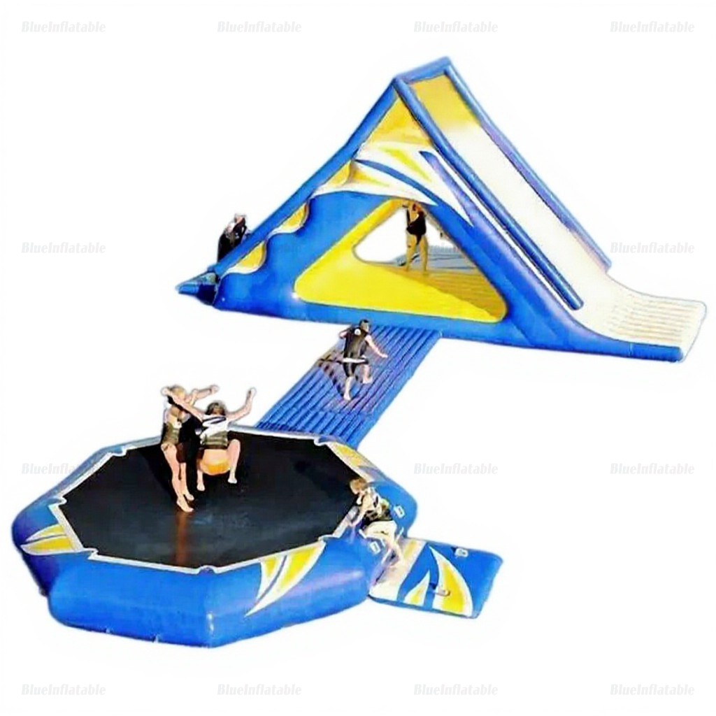 Inflatable Floating Trampoline with Slide and Launcher