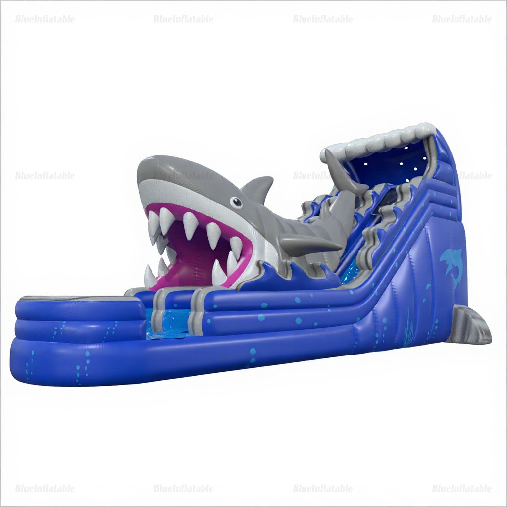 Double Lane Shark Inflatable Water Slide with Pool
