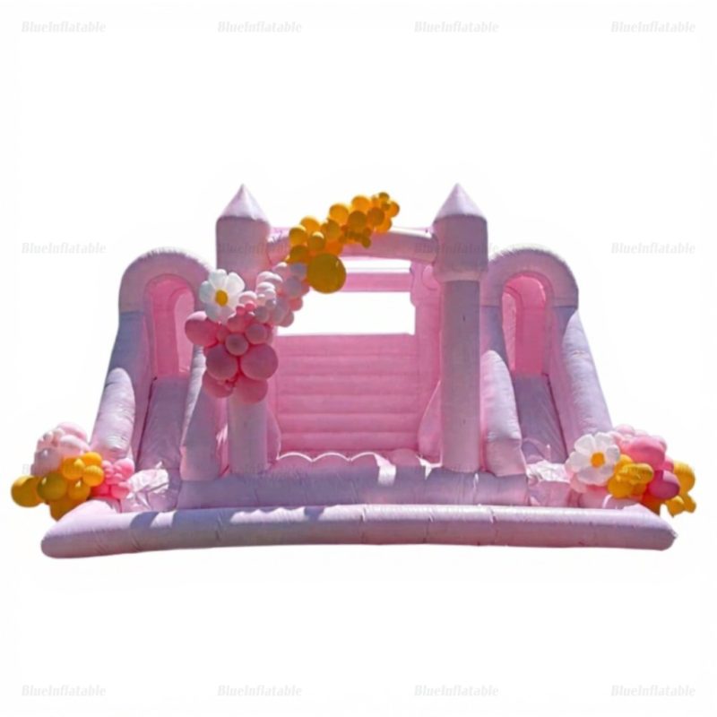Pastel Pink Inflatable Castle with Slide & Ball Pit
