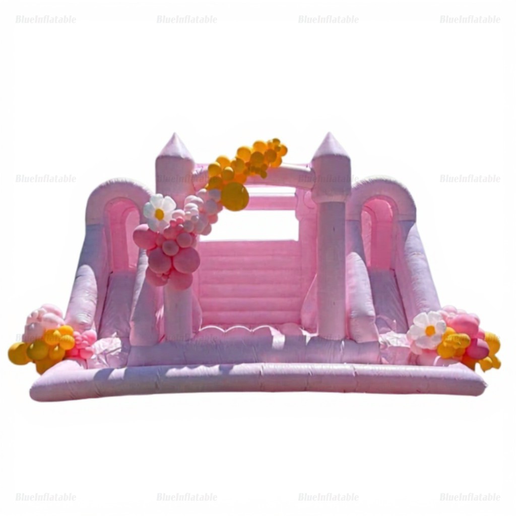 Pastel Pink Inflatable Castle with Slide & Ball Pit